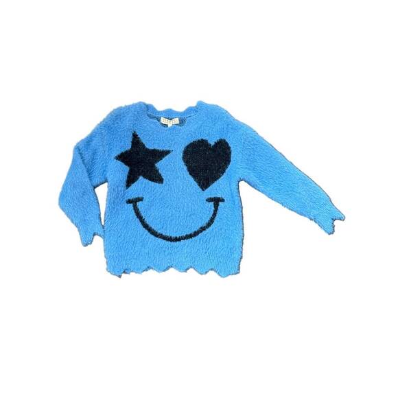 NEW HANNAH BANANA girl's smiley face fuzzy sweater in blue